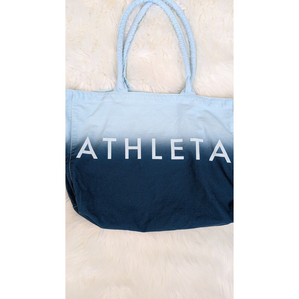 Athleta Tote Bag Blue White Ombre Dip Dye Canvas Logo Beach Gym Shopper Travel - Picture 2 of 9
